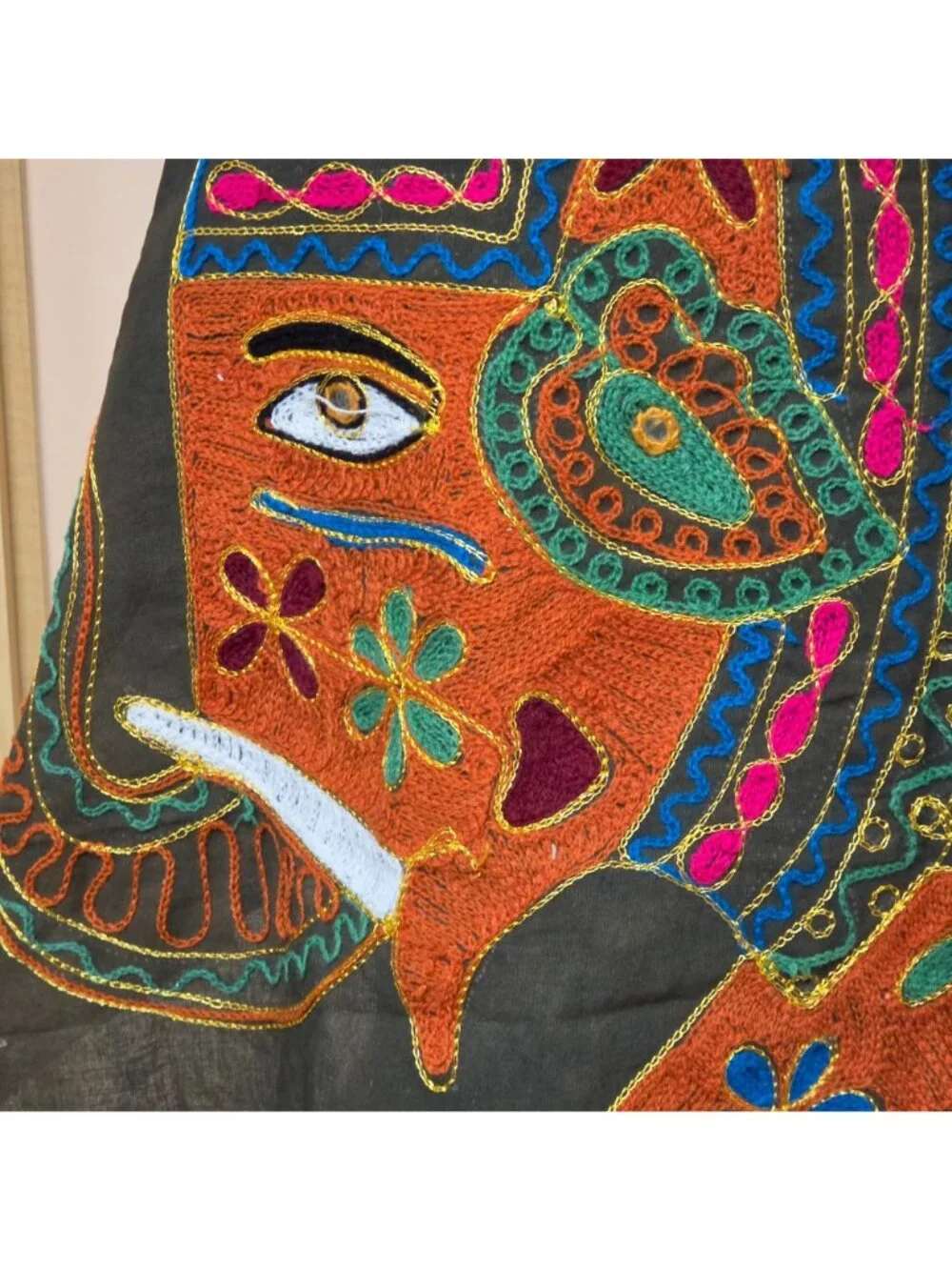 Indian Elephant Embroidered Testile Wall Hanging Mirror Work Boho Fold Art Decor